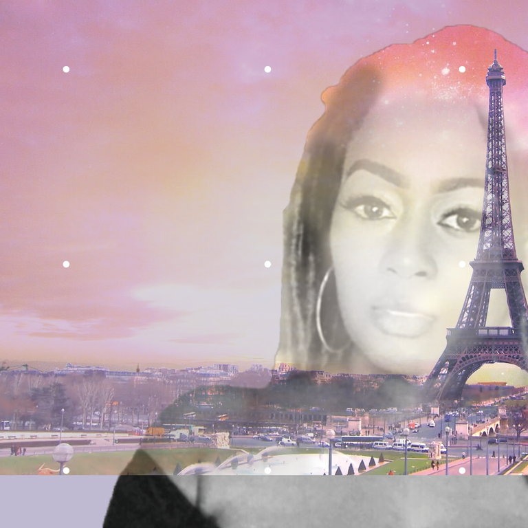 A still of the merged Eiffel Tower video and Tamara on top of the green screen portrait